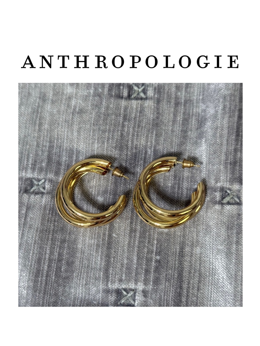 Anthropologie Gold Triple Layer Half Hoop Post Earrings